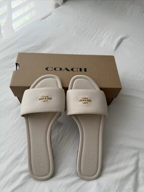 Coach Cream Slide Sandals with Gold Accent
